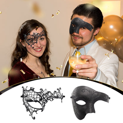 Boniskiss Couple's 2pcs Masquerade Ball Masks - Venetian Metal Mardi Gras Half Face Mask
