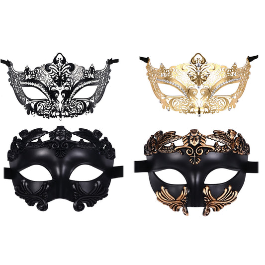 Boniskiss Couple 2pcs Masquerade Metal Masks - Roman Greek Men Mask Venetian Women Mask Set