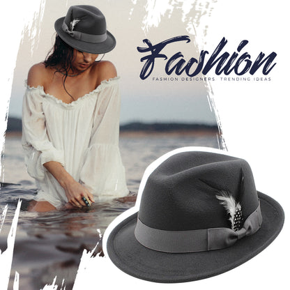 Classic Fedora Hat Short Brim Felt Feather Hat | Size M-L- Boniskiss