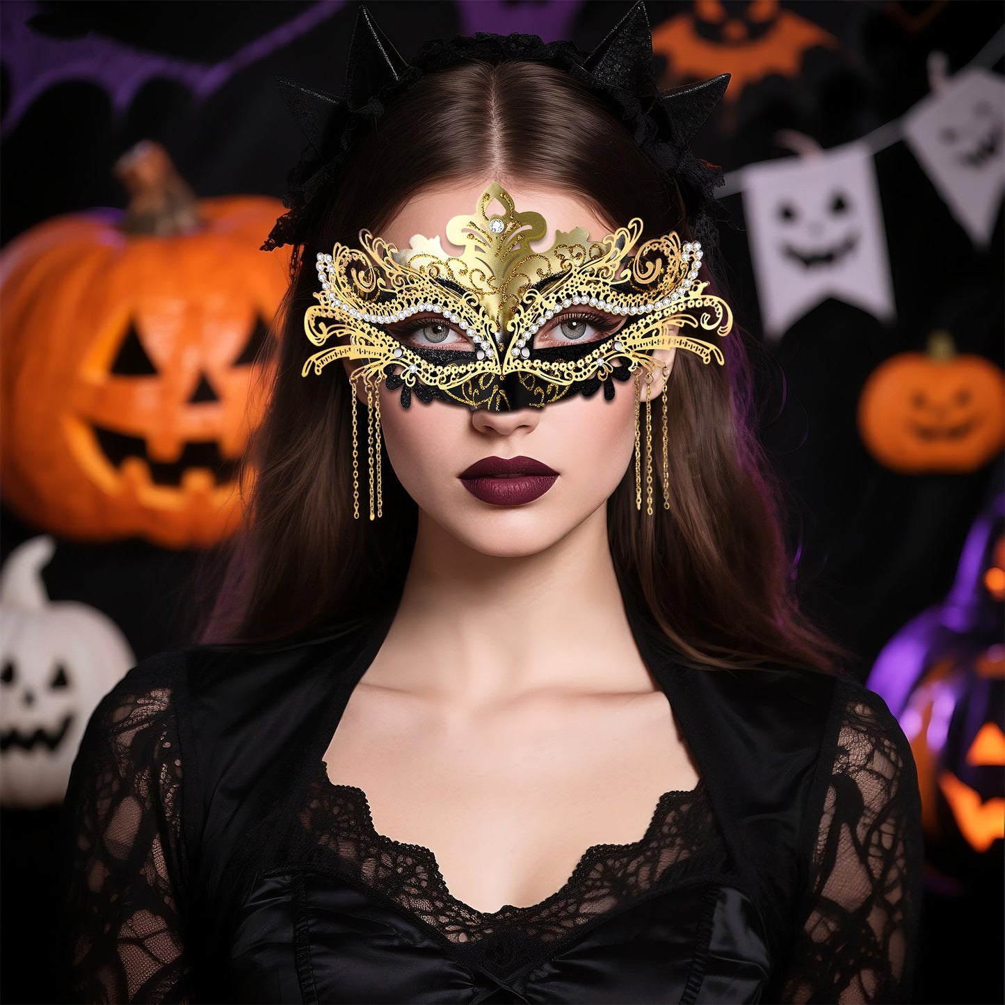 Boniskiss Women's Tassel Mask - Metal Rhinestones Venice Masks for Halloween Carnival Party Masquerade