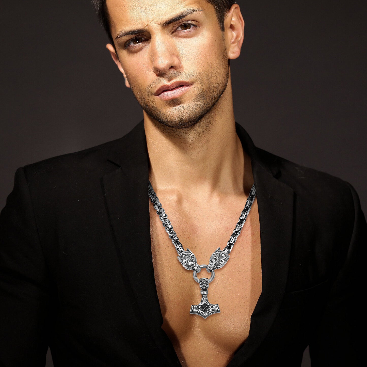 Mens Retro Viking Wolf Head Thor's Hammer Dangle Amulet Byzantine Chain Necklace