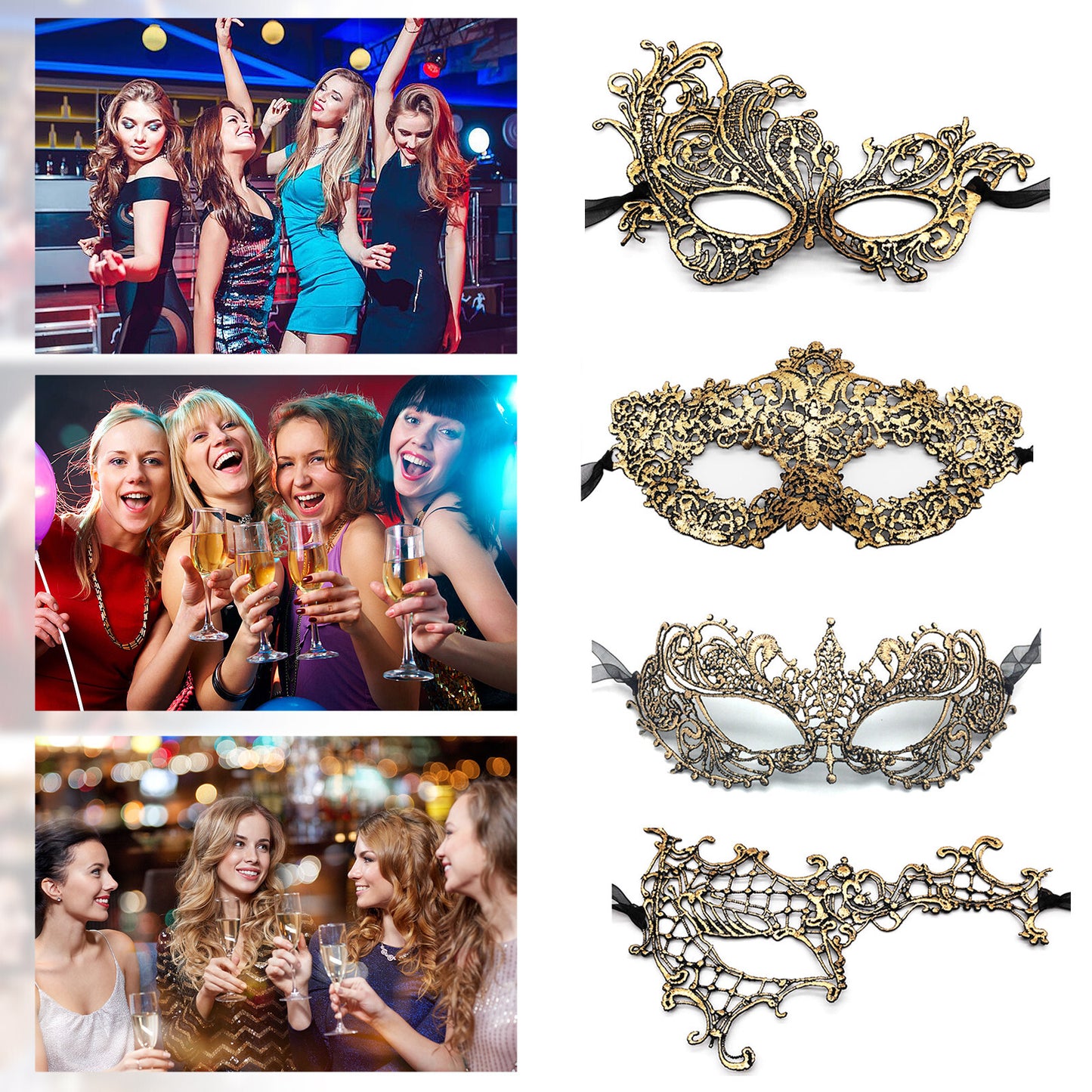 Boniskiss 4PCs Women's Venetian Gold Lace Mask Set - Party Masquerade Mardi Gras Eye Mask Set