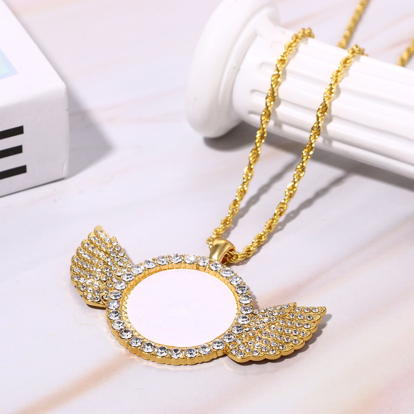 Personalized Photo Shiny CZ Angel Wings Custom Picture Chain Necklace - Boniskiss