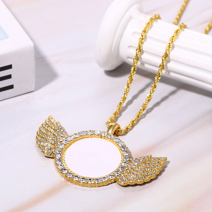 Personalized Photo Shiny CZ Angel Wings Custom Picture Chain Necklace - Boniskiss