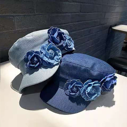 Boniskiss Womens Floral Denim Newsboy Cap Handmade Flower Decor Hat