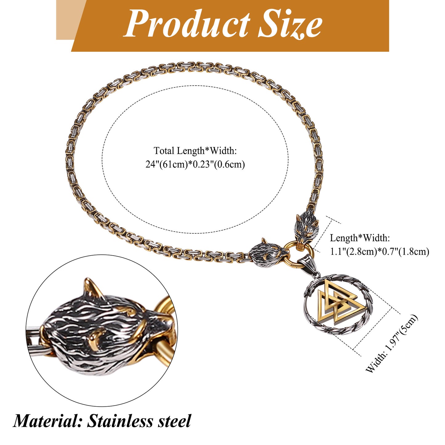 Boniskiss Men's Stainless Steel Vintage Viking Wolf Head Snake Rune Dangle Amulet Necklace