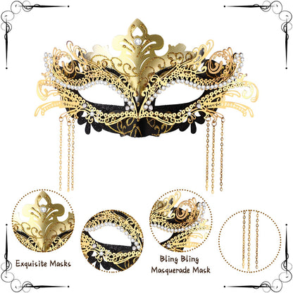 Boniskiss Women's Tassel Mask - Metal Rhinestones Venice Masks for Halloween Carnival Party Masquerade