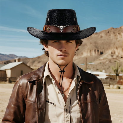 Cowboy Hat with Bull Head Decor Western Wide Brim Hat - Boniskiss