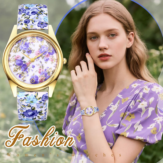 Boniskiss Slim Boho Flower Painting Wrist Watch - Floral Dial PU Band Analog Quartz Wrist Watch