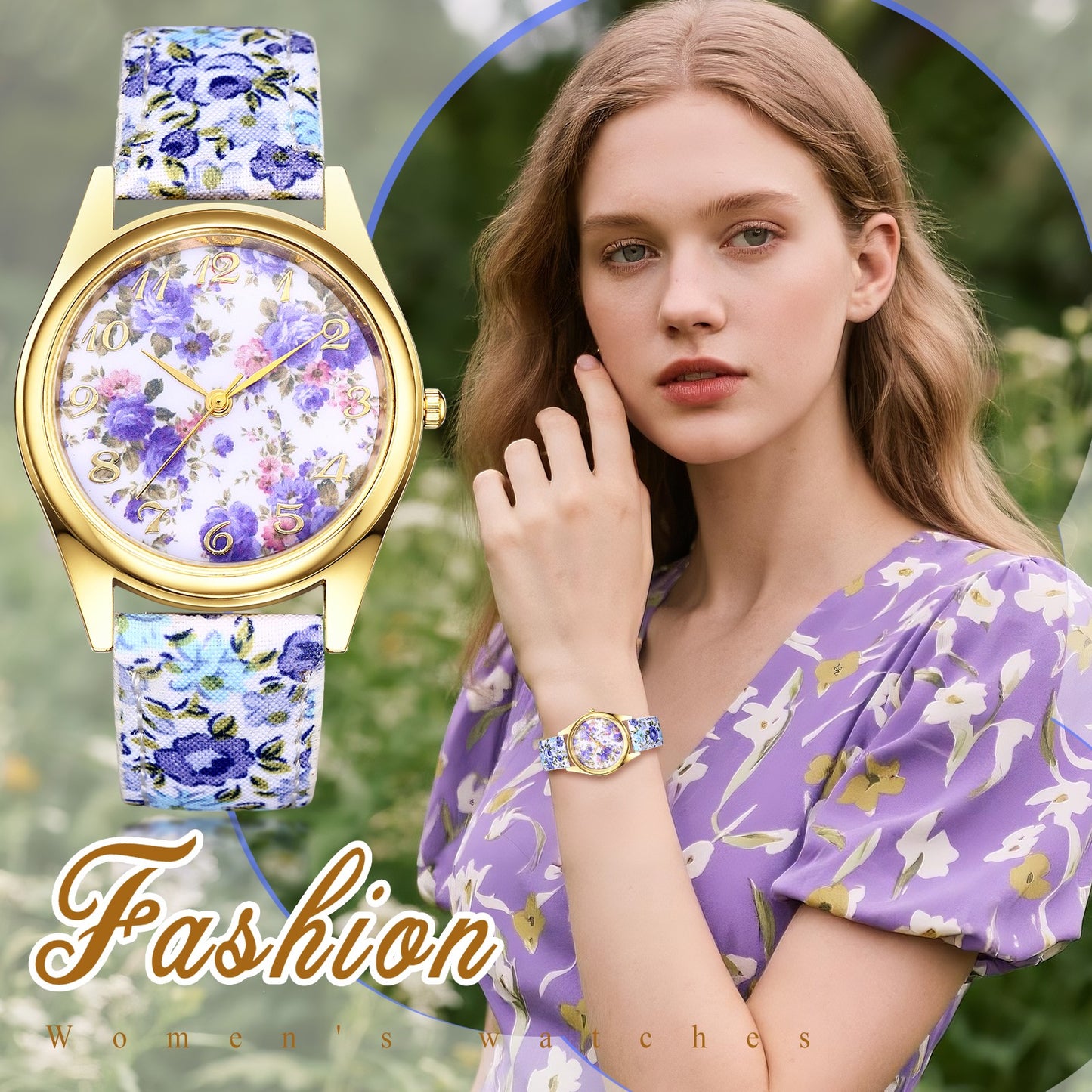 Boniskiss Slim Boho Flower Painting Wrist Watch - Floral Dial PU Band Analog Quartz Wrist Watch