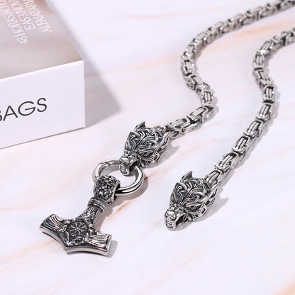 Mens Retro Viking Wolf Head Thor's Hammer Dangle Amulet Byzantine Chain Necklace