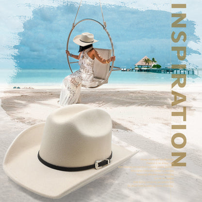 Beige Classic Western Cowboy Cowgirl Belt Fedora Hat | Size M-L - Boniskiss