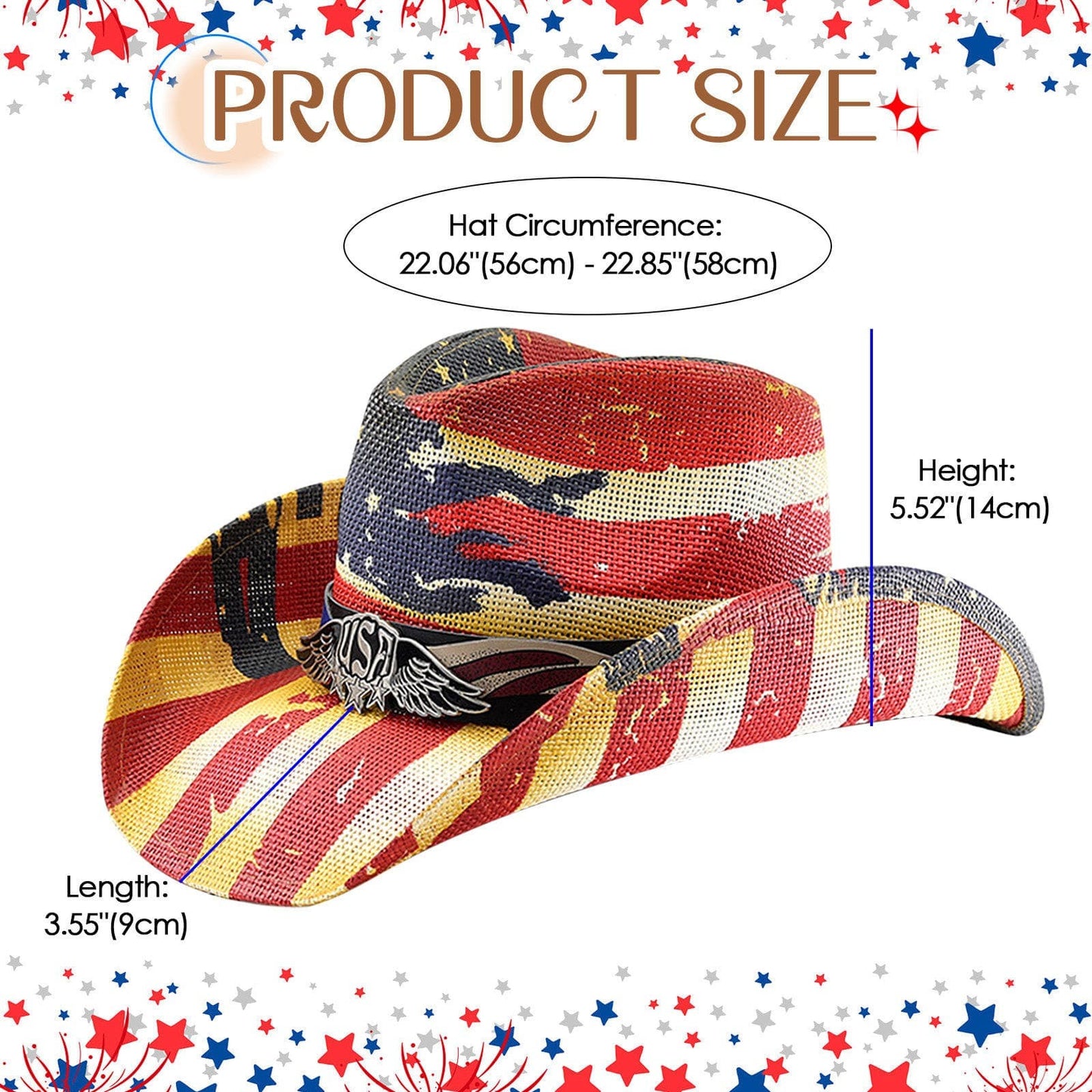 Chapeau de cowboy en paille à drapeau américain, taille ML - Boniskiss