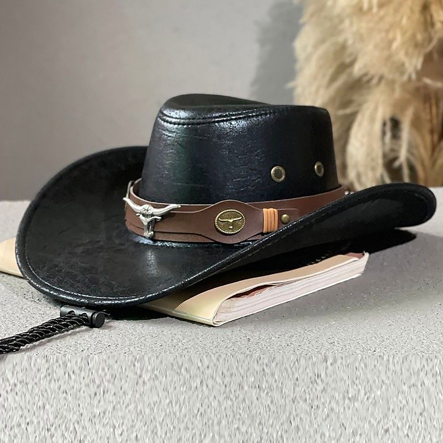 Cowboy Hat with Bull Head Decor Western Wide Brim Hat - Boniskiss