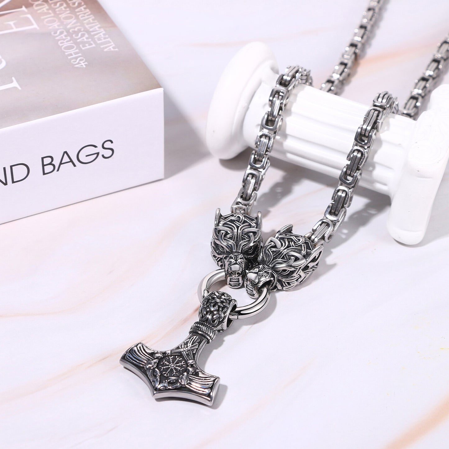 Mens Retro Viking Wolf Head Thor's Hammer Dangle Amulet Byzantine Chain Necklace