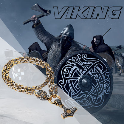 Mens Retro Viking Wolf Head Thor's Hammer Dangle Amulet Byzantine Chain Necklace