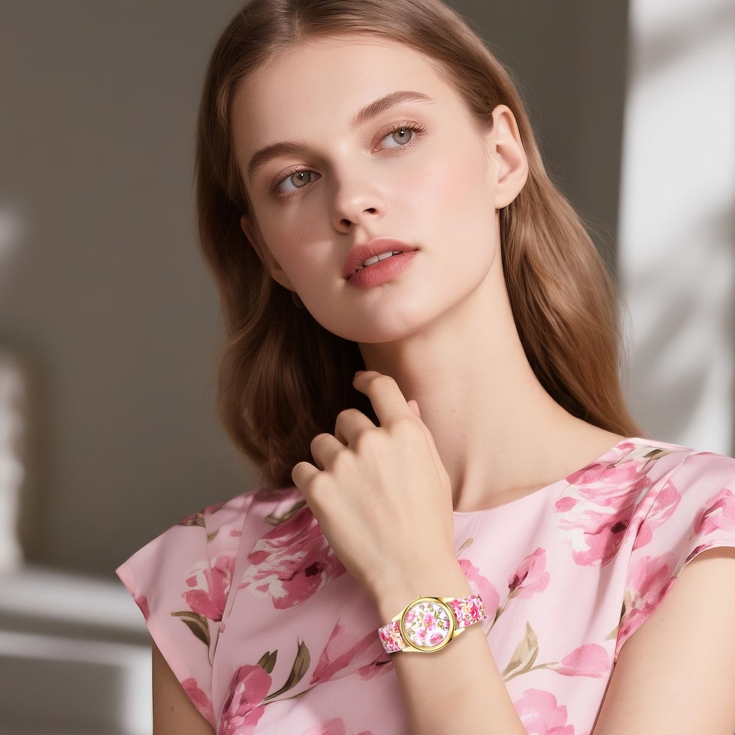 Boniskiss Slim Boho Flower Painting Wrist Watch - Floral Dial PU Band Analog Quartz Wrist Watch