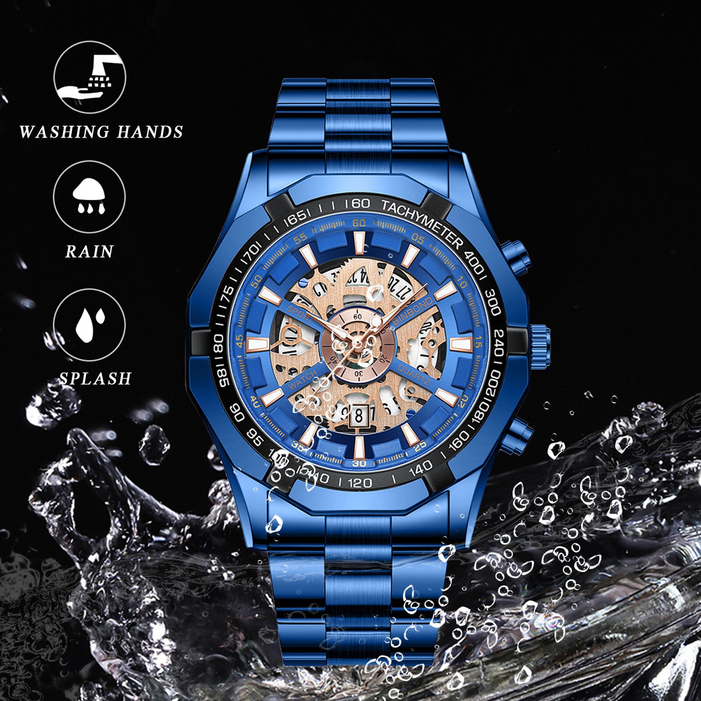 Montre squelette étanche pour homme en acier inoxydable, montre-bracelet à quartz de luxe - Boniskiss