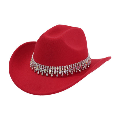 Retro Wide Brim Cowboy Hat with Rhinestone Chain Sparkly Western Hat - Boniskiss