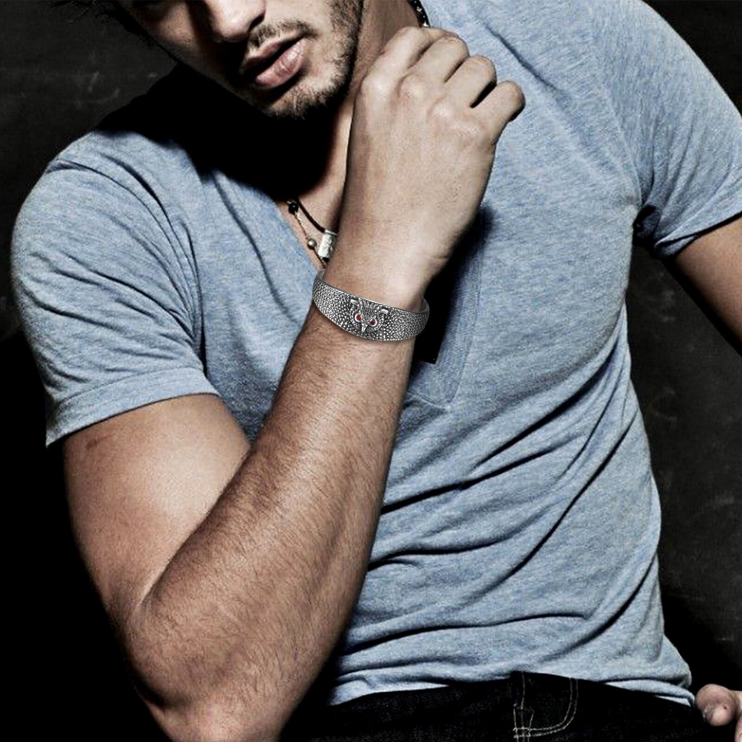 Boniskiss Carved Vivid Owl Amulet Open Cuff Bangle Stainless Steel Bracelet Viking Jewelry For Men