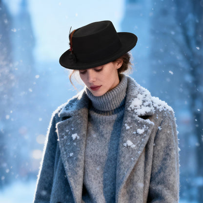 Boniskiss Unisex Classic Feather Vegan Felt Boater Fedora Hat