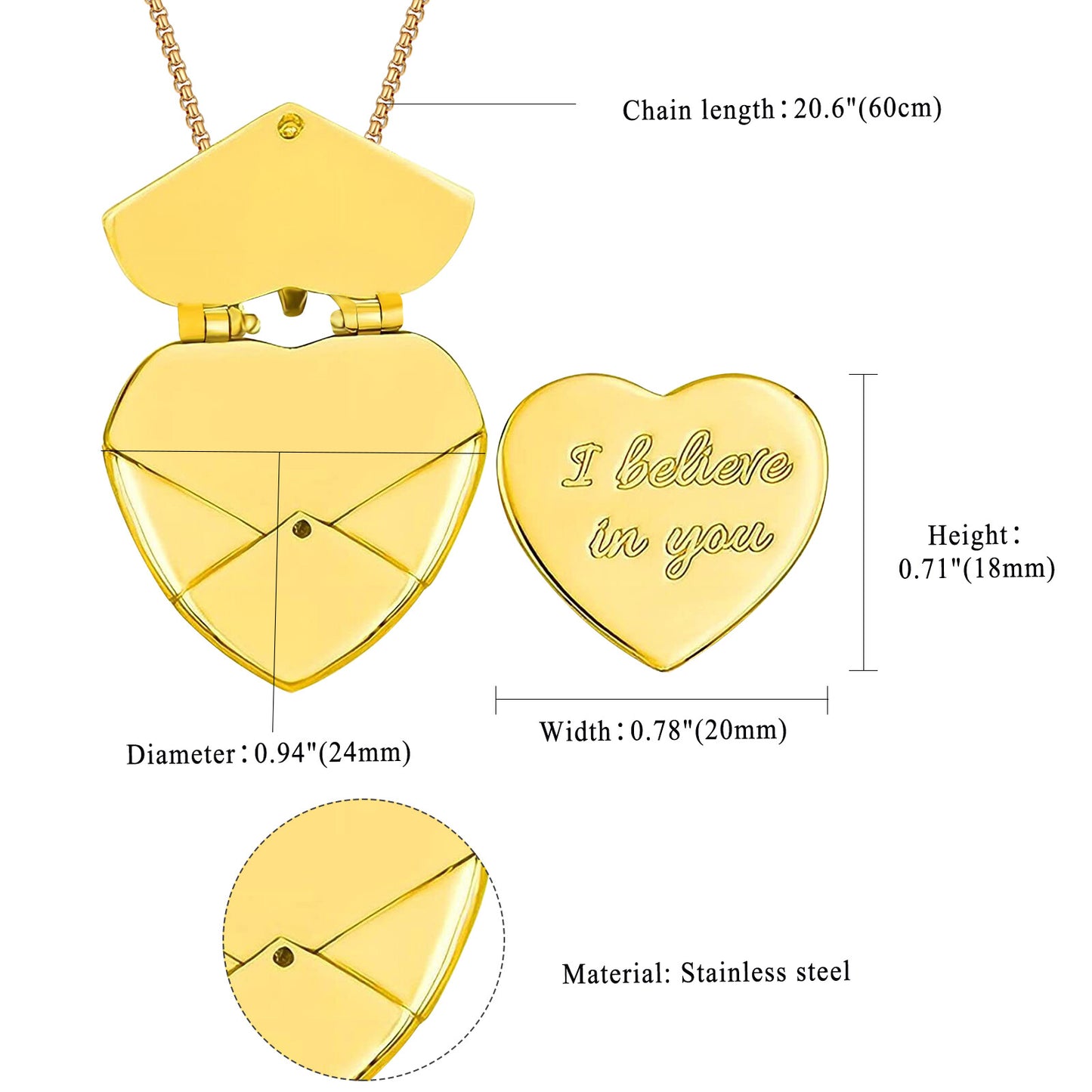 Customized Envelope Heart Necklace Stainless Steel Message Locket Pendant - Boniskiss