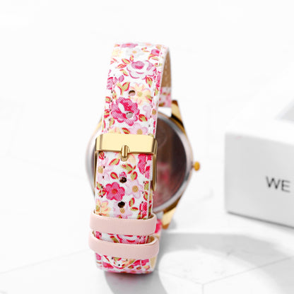 Boniskiss Slim Boho Flower Painting Wrist Watch - Floral Dial PU Band Analog Quartz Wrist Watch