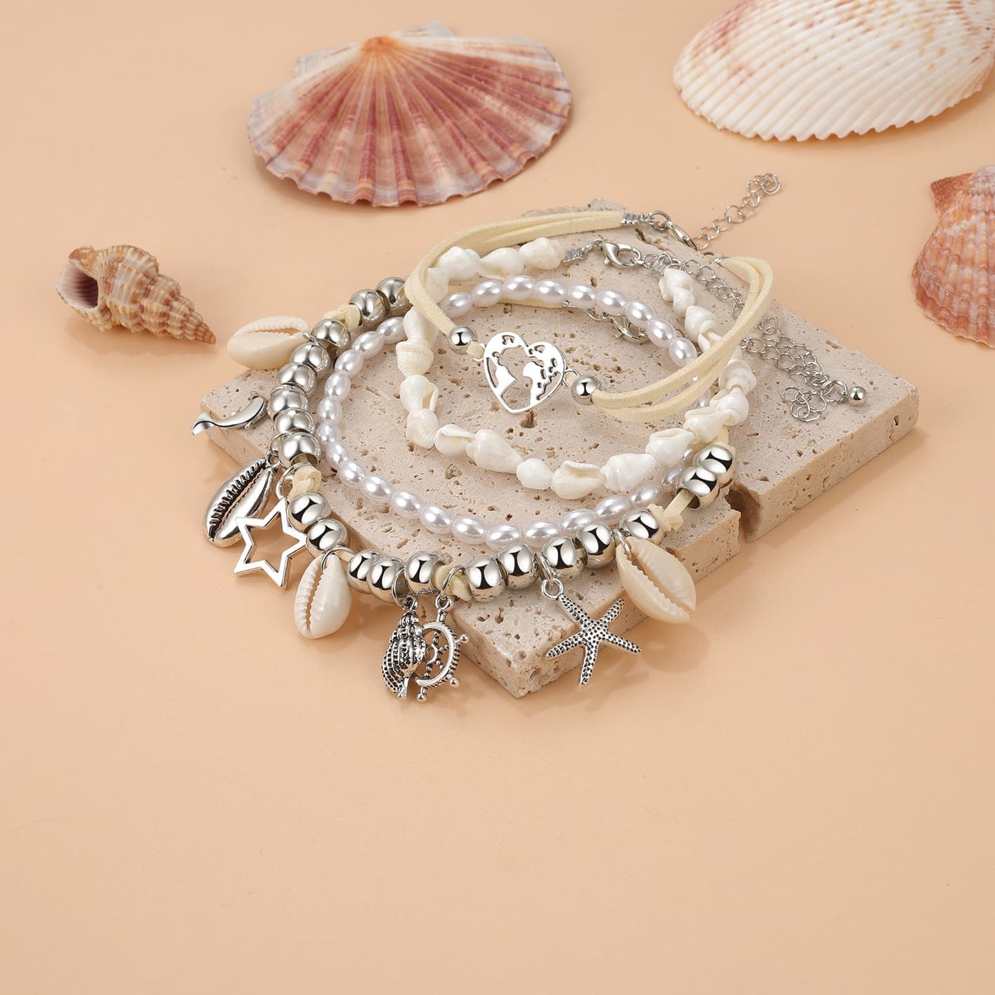 Boniskiss Bohemian Shell Anklets Set - Marine Life Anklets for Holiday Seaside Pool Party