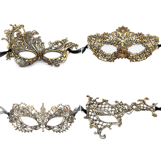 Boniskiss 4PCs Women's Venetian Gold Lace Mask Set - Party Masquerade Mardi Gras Eye Mask Set