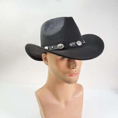 Western Cowboy Hat with Metal Decorative Band Wide Brim Styling Hat - Boniskiss