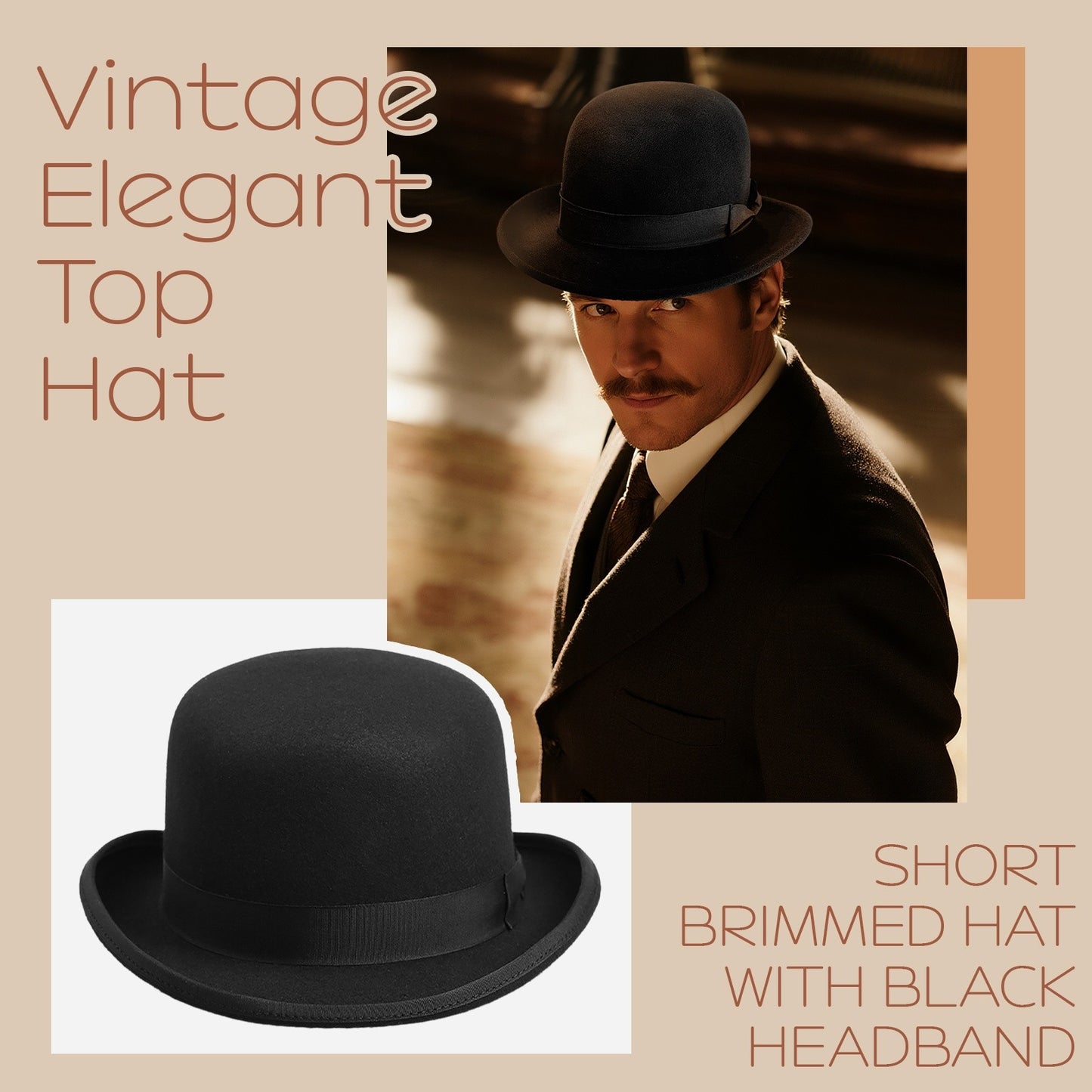 Vintage Elegant Bowler Dome Hat Retro Short Brim Fedora Hat with Hatband - Boniskiss