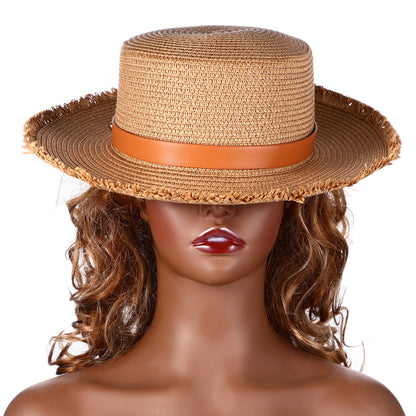 Sombrero de paja con cinturón retro para mujer de Boniskiss - Sombrero Panamá Fedora para el sol en la playa de verano con visera de rafia