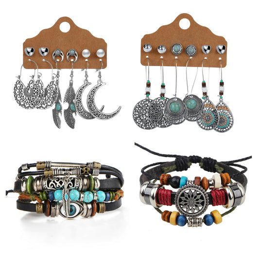 Boniskiss Vintage Boho Earings Bracelets Set- Bohemian Wristband Hook Drop Dangle