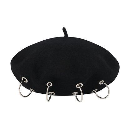 Boniskiss Punk Rock Beret Cap Ring Decor Womens Novelty Street Style
