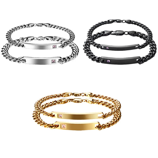 2PCs Couple's Personalized Stainless Steel Cuban Link CZ Bracelet - Boniskiss