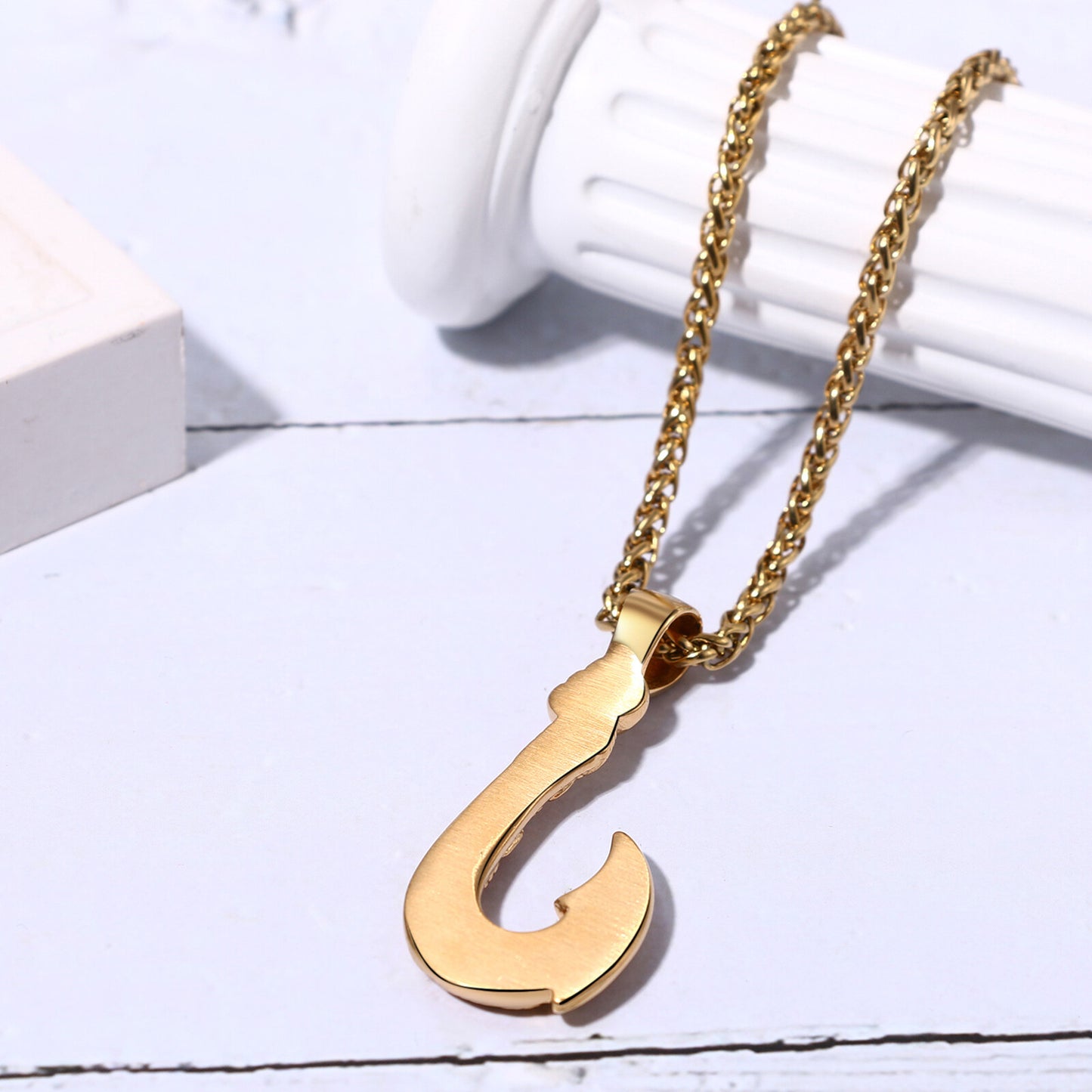 Boniskiss Men's Stainless Steel Lucky Fish Hook 3D Wave Pattern Casting Dangle Necklace Gift