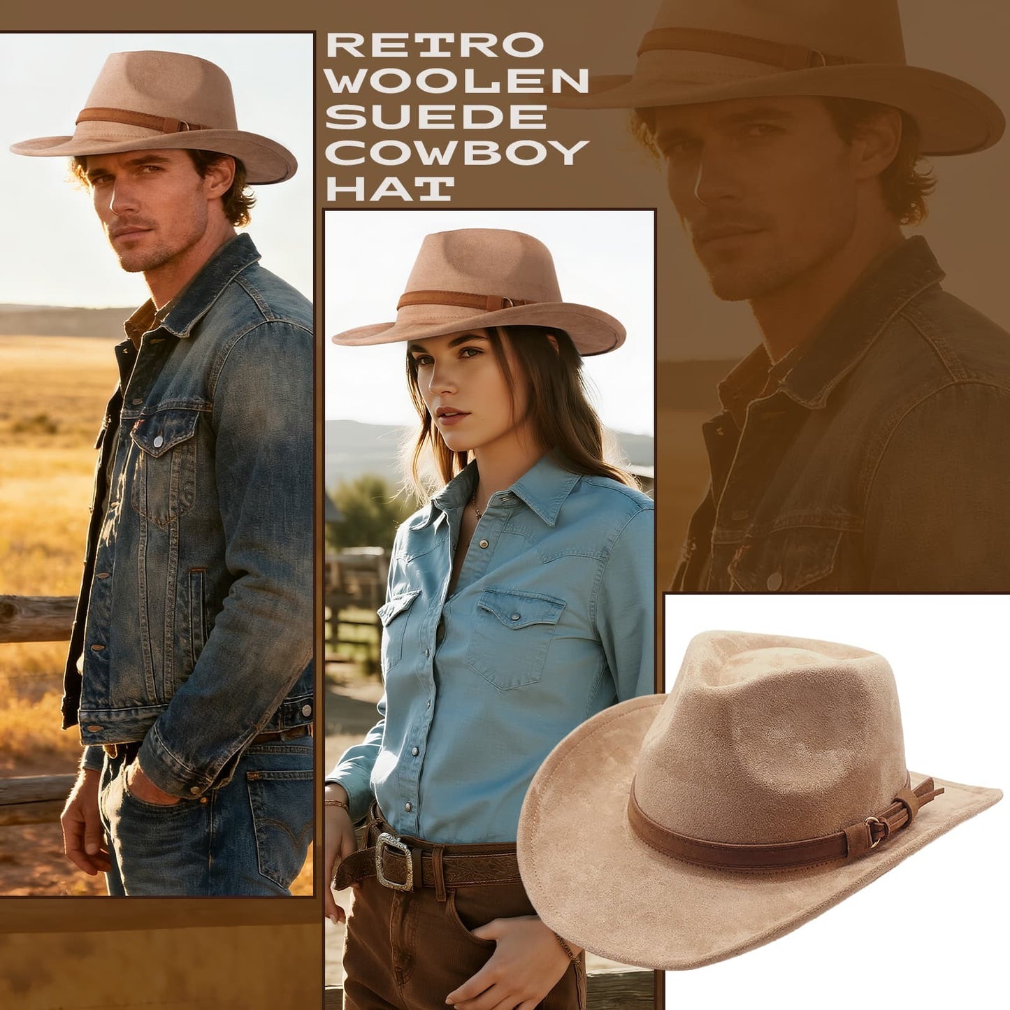 Chapeau de cowboy rétro western en laine à larges bords - Boniskiss