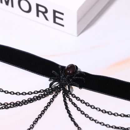 Boniskiss Women Tassel Spider Necklace Ring Set - Halloween Retro Gothic Red Crystal Pendant Necklace Ring Jewelry Set