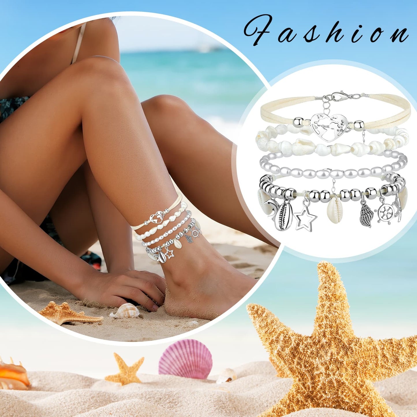 Boniskiss Bohemian Shell Anklets Set - Marine Life Anklets for Holiday Seaside Pool Party
