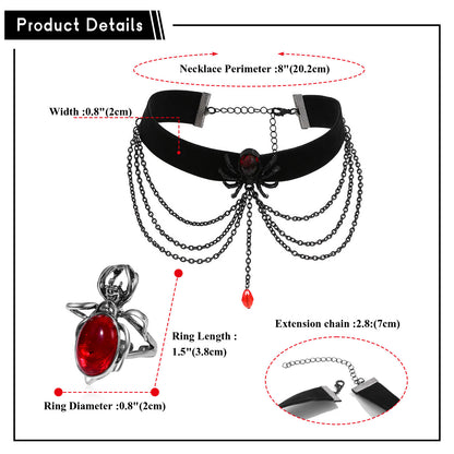 Boniskiss Women Tassel Spider Necklace Ring Set - Halloween Retro Gothic Red Crystal Pendant Necklace Ring Jewelry Set