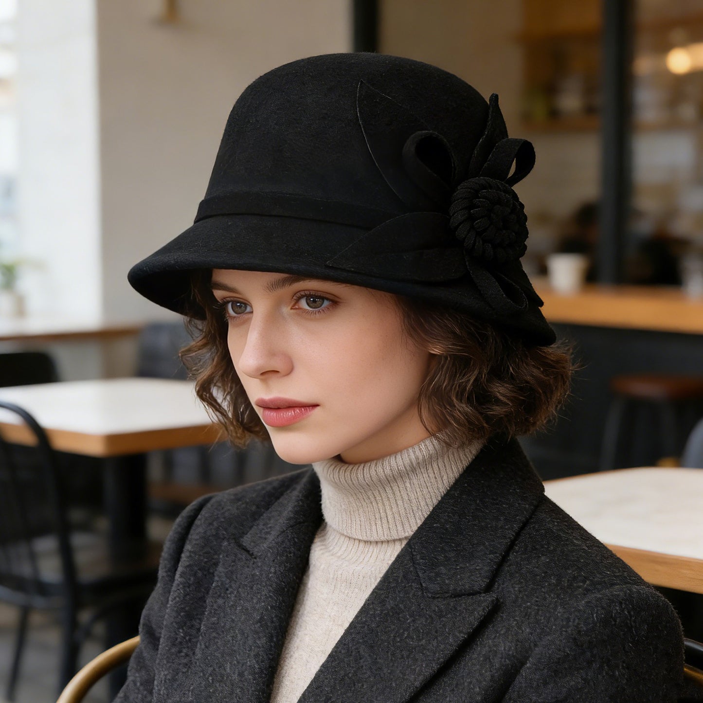 Boniskiss Vintage Elegant Flower Wide Brim Cloche Hat