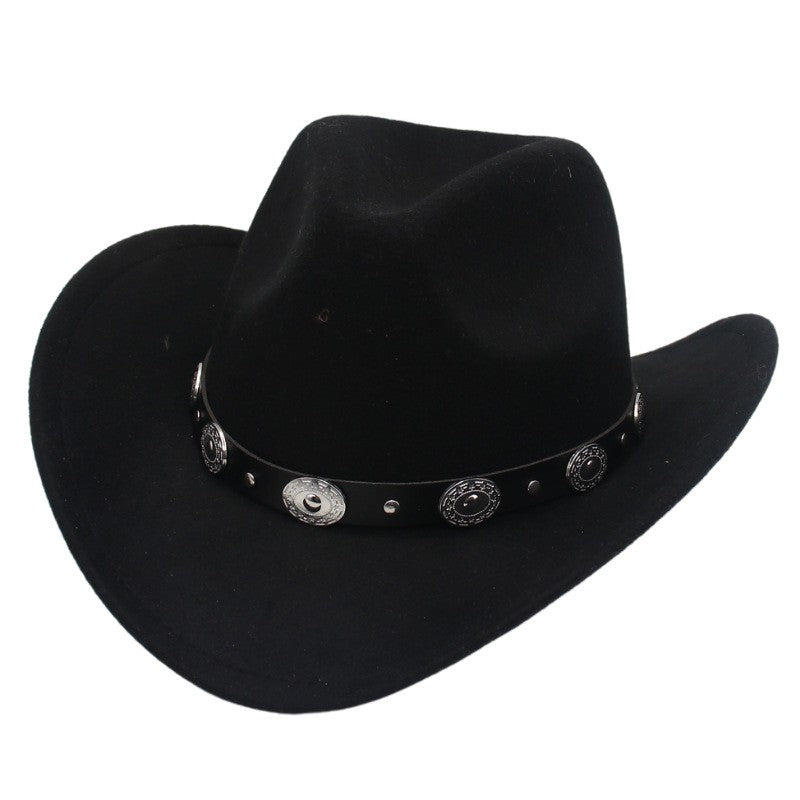 Western Cowboy Hat with Metal Decorative Band Wide Brim Styling Hat - Boniskiss