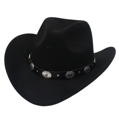 Western Cowboy Hat with Metal Decorative Band Wide Brim Styling Hat - Boniskiss