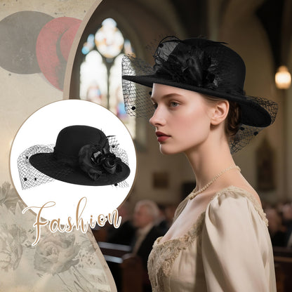 Cloche Veiled Church Felt Hat with Flower Decoration - Boniskiss