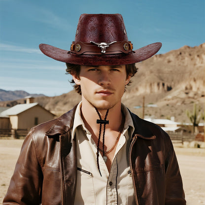 Cowboy Hat with Bull Head Decor Western Wide Brim Hat - Boniskiss