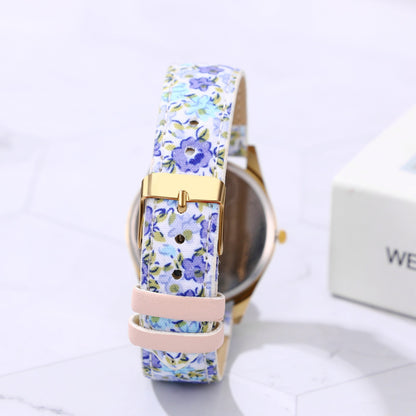 Boniskiss Slim Boho Flower Painting Wrist Watch - Floral Dial PU Band Analog Quartz Wrist Watch