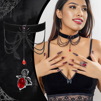 Boniskiss Women Tassel Spider Necklace Ring Set - Halloween Retro Gothic Red Crystal Pendant Necklace Ring Jewelry Set