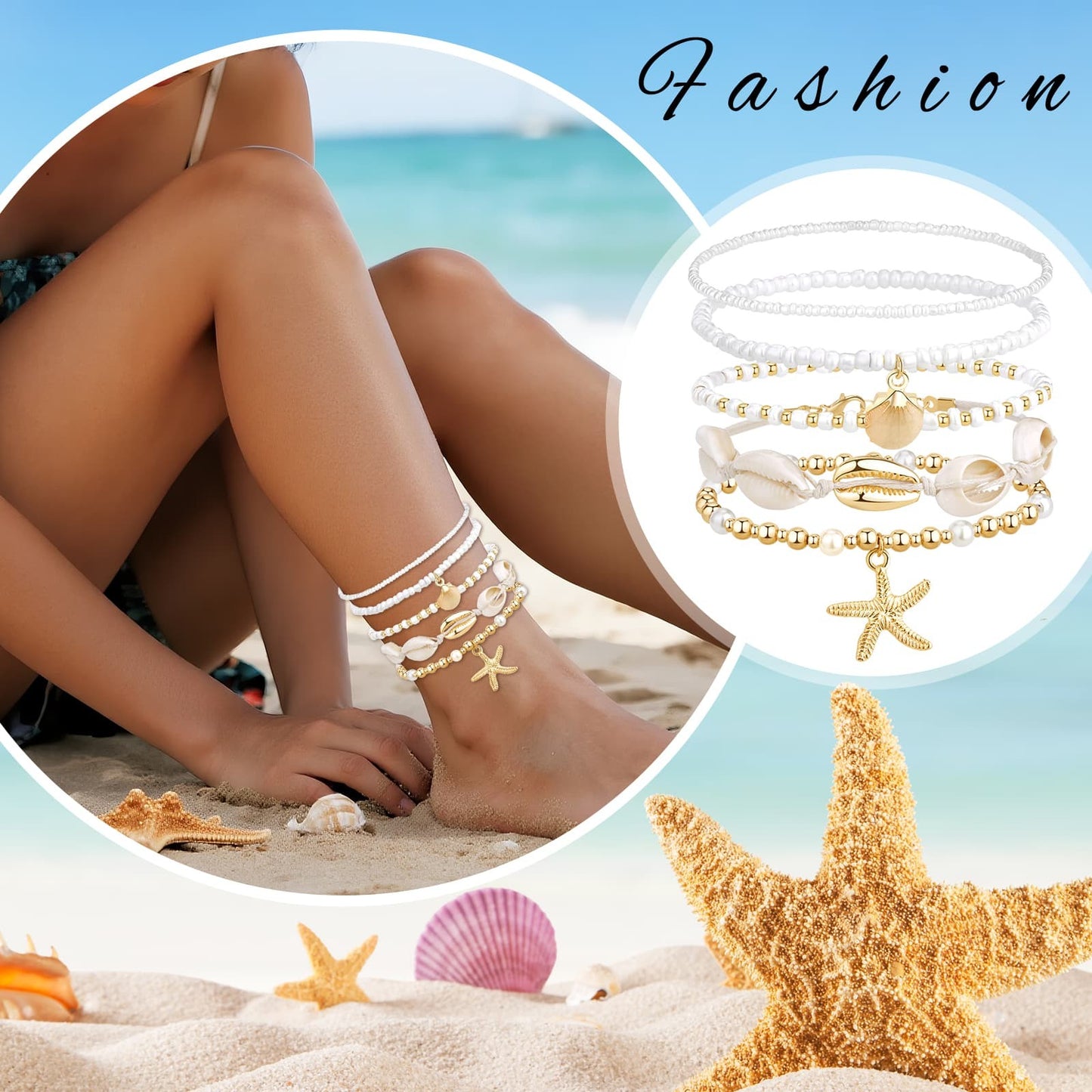 Boniskiss Bohemian Shell Anklets Set - Marine Life Anklets for Holiday Seaside Pool Party