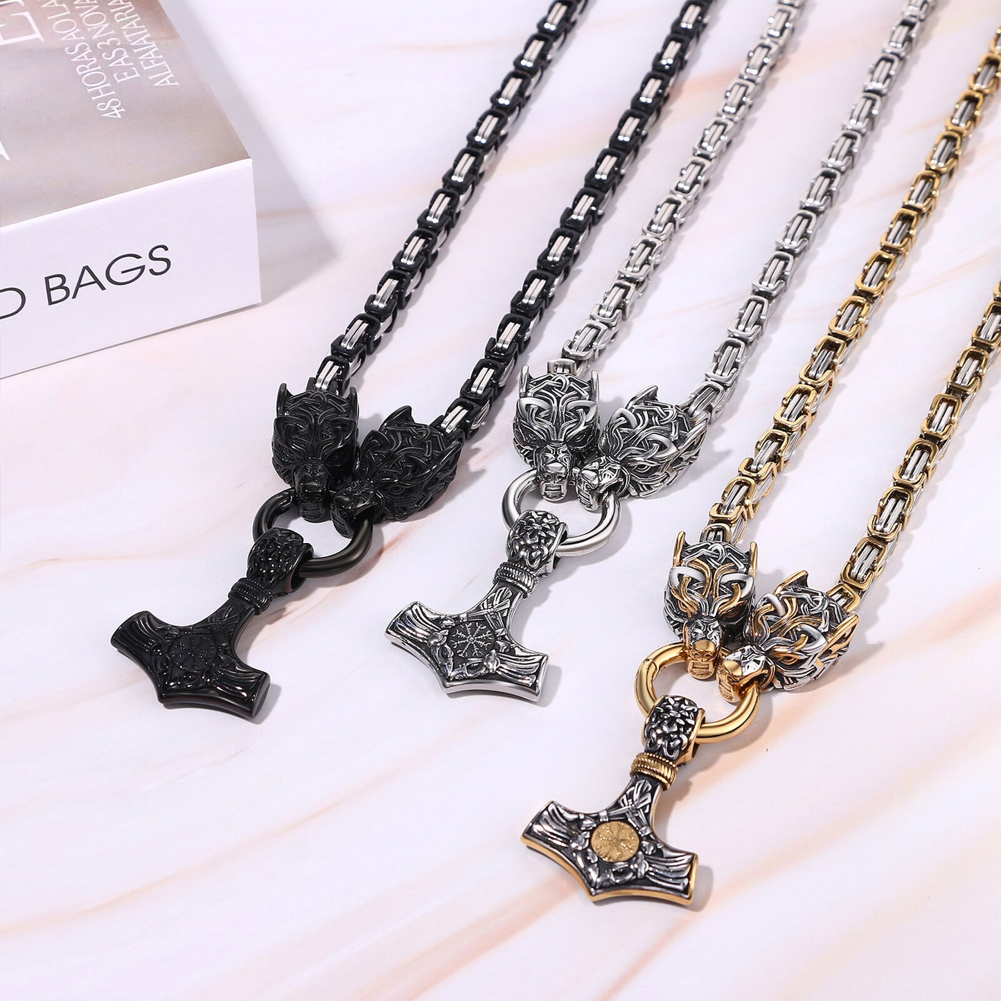 Mens Retro Viking Wolf Head Thor's Hammer Dangle Amulet Byzantine Chain Necklace