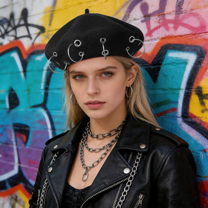 Boniskiss Punk Rock Beret Cap Ring Decor Womens Novelty Street Style